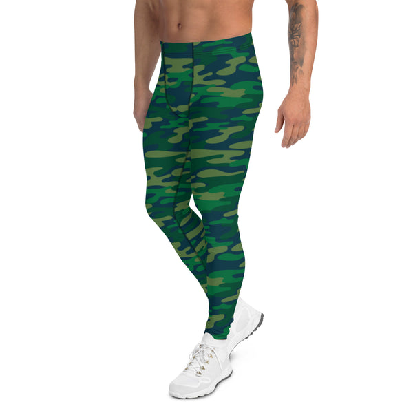 Dark Green Camouflaged Men's Leggings, Army Camouflage Military Print Premium Quality Designer Print Sexy Meggings Men's Workout Gym Tights Leggings, Men's Compression Tights Pants - Made in USA/ EU/ MX (US Size: XS-3XL) 