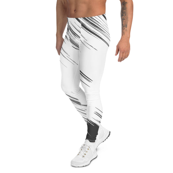 Black White Abstract Men's Leggings, Best Modern Minimalist Premium Designer Print Sexy Meggings Men's Workout Gym Tights Leggings, Men's Compression Tights Pants - Made in USA/ EU/ MX (US Size: XS-3XL) 