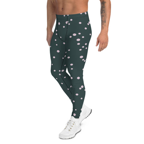 Black White Dotted Men's Leggings, Premium Fun Men's Running Tights Polka Dots Abstract Designer Print Sexy Meggings Men's Workout Gym Tights Leggings, Men's Compression Tights Pants - Made in USA/ EU/ MX (US Size: XS-3XL) 