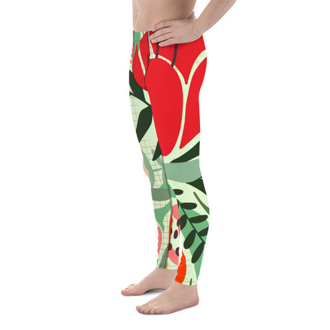 Red Floral Men's Leggings, Floral Print Designer Print Sexy Meggings Men's Workout Gym Tights Leggings, Men's Compression Tights Pants - Made in USA/ EU/ MX (US Size: XS-3XL) 