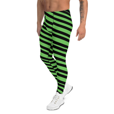 Green Black Striped Men's Leggings, Modern Diagonally Stripes Designer Print Sexy Meggings Men's Workout Gym Tights Leggings, Men's Compression Tights Pants - Made in USA/ EU/ MX (US Size: XS-3XL) 