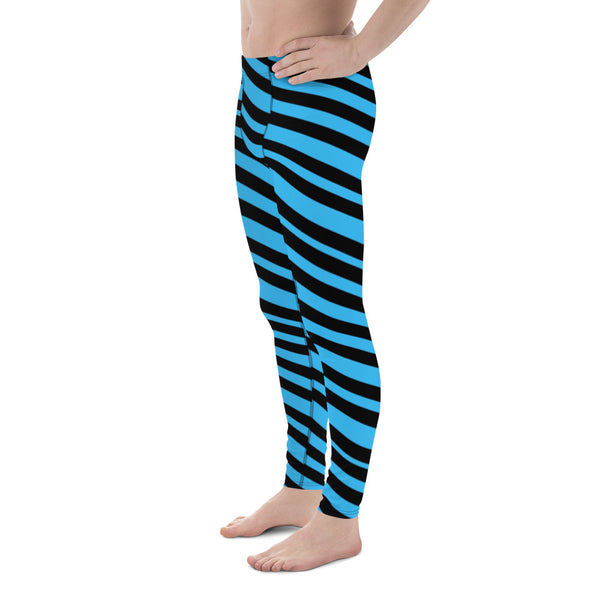 Black Blue Striped Men's Leggings, Modern Diagonally Stripes Designer Print Sexy Meggings Men's Workout Gym Tights Leggings, Men's Compression Tights Pants - Made in USA/ EU/ MX (US Size: XS-3XL) 