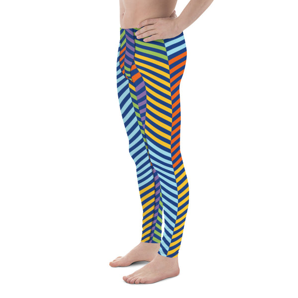 Colorful Stripes Best Men's Leggings, Multicolored Striped Colors Best Designer Print Sexy Meggings Men's Workout Gym Tights Leggings, Men's Compression Tights Pants - Made in USA/ EU/ MX (US Size: XS-3XL) 