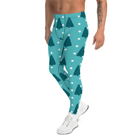 Christmas Tree Festive Men's Leggings, Green and Blue Xmas Tree Festive Xmas Party Holiday Men's Leggings, Designer Premium Quality Men's Workout Gym Tights Leggings, Men's Compression Tights Pants - Made in USA/ EU/ MX (US Size: XS-3XL) 
