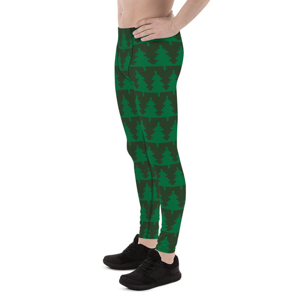 Green Christmas Tree Men's Leggings, Xmas Tree Festive Xmas Party Holiday Men's Leggings, Designer Premium Quality Men's Workout Gym Tights Leggings, Men's Compression Tights Pants - Made in USA/ EU/ MX (US Size: XS-3XL) 