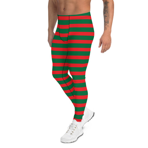 Green Red Stripes Men's Leggings, Striped Colors Men's Leggings, Colorful Christmas Candy Cane Style Gym Tights For Men - Made in USA/EU/MX