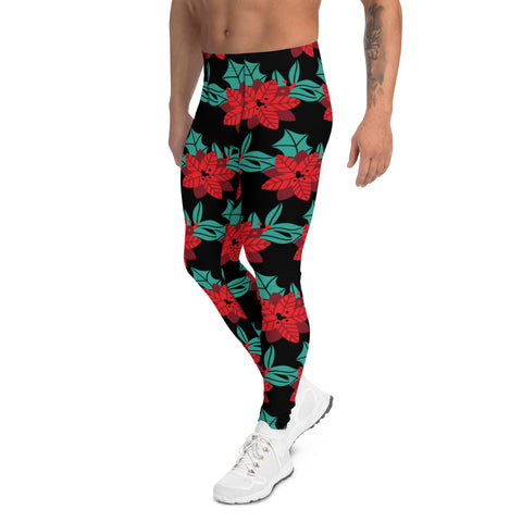 Black Christmas Floral Men's Leggings, Black & Red Xmas Flower Xmas Party Holiday Men's Leggings, Designer Premium Quality Men's Workout Gym Tights Leggings, Men's Compression Tights Pants - Made in USA/ EU/ MX (US Size: XS-3XL) 