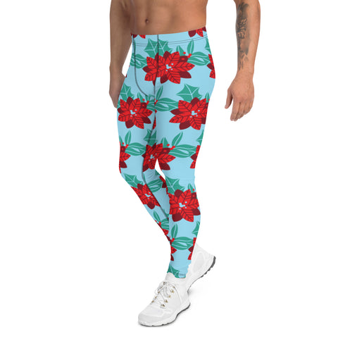 Blue Christmas Floral Men's Leggings, Light Blue & Red Xmas Flower Xmas Party Holiday Men's Leggings, Designer Premium Quality Men's Workout Gym Tights Leggings, Men's Compression Tights Pants - Made in USA/ EU/ MX (US Size: XS-3XL) 