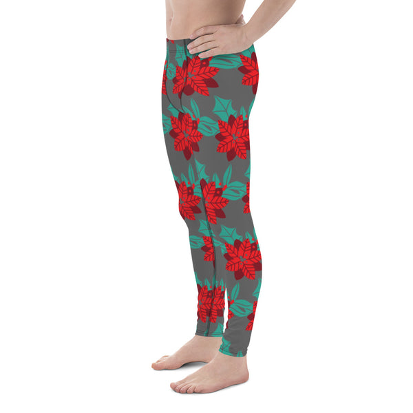 Grey Christmas Floral Men's Leggings, Grey & Red Xmas Flower Xmas Party Holiday Men's Leggings, Designer Premium Quality Men's Workout Gym Tights Leggings, Men's Compression Tights Pants - Made in USA/ EU/ MX (US Size: XS-3XL) 