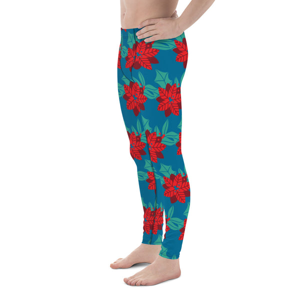 Blue Red Christmas Men's Leggings, Blue & Red Xmas Flower Xmas Party Holiday Men's Leggings, Designer Premium Quality Men's Workout Gym Tights Leggings, Men's Compression Tights Pants - Made in USA/ EU/ MX (US Size: XS-3XL) 