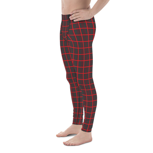 Red Plaid Print Men's Leggings, Best Xmas Festive Holiday Christmas Costume Tights, Red Plaid Print Men's Leggings, Red Plaid Print Xmas Party Holiday Men's Leggings, Designer Premium Quality Men's Workout Gym Tights Leggings, Men's Compression Tights Pants - Made in USA/ EU/ MX (US Size: XS-3XL) 
