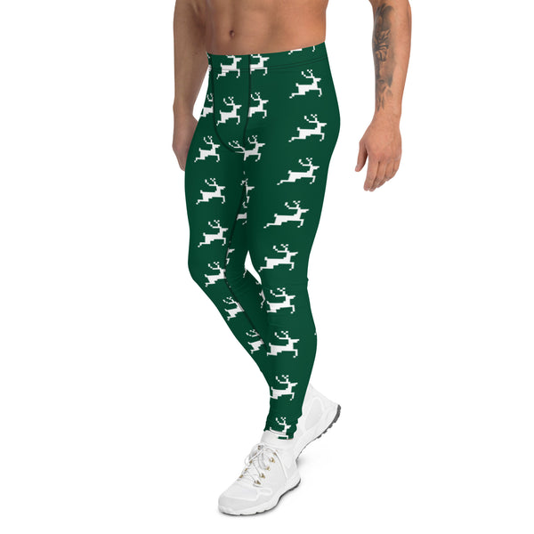 Christmas Festive Reindeer Meggings, Green Xmas Party Holiday Men's Leggings, Designer Premium Quality Men's Workout Gym Tights Leggings, Men's Compression Tights Pants - Made in USA/ EU/ MX (US Size: XS-3XL) 