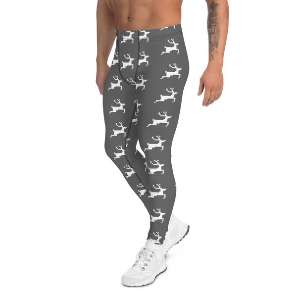 Christmas Festive Reindeer Meggings, Grey Xmas Party Holiday Men's Leggings, Designer Premium Quality Men's Workout Gym Tights Leggings, Men's Compression Tights Pants - Made in USA/ EU/ MX (US Size: XS-3XL) 