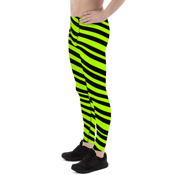 Green Striped Best Men's Leggings, Diagonal Striped Bright Black and Green Colors Best Designer Print Sexy Meggings Men's Workout Gym Tights Leggings, Men's Compression Tights Pants - Made in USA/ EU/ MX (US Size: XS-3XL) 