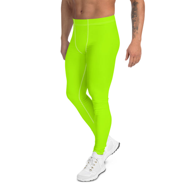 Neon Green Best Men's Leggings, Solid Bright Green Color Men's Running Sports Gym Tights