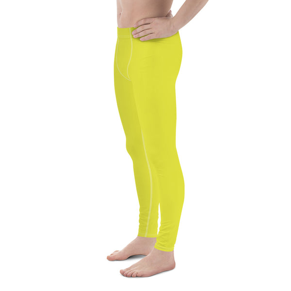 Yellow Solid Color Men's Leggings, Solid Yellow Color Designer Print Sexy Meggings Men's Workout Gym Tights Leggings, Men's Compression Tights Pants - Made in USA/ EU/ MX (US Size: XS-3XL) 