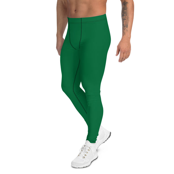 Green Solid Color Men's Leggings, Dark Green Solid Color Best Men's Running Sports Gym Tights