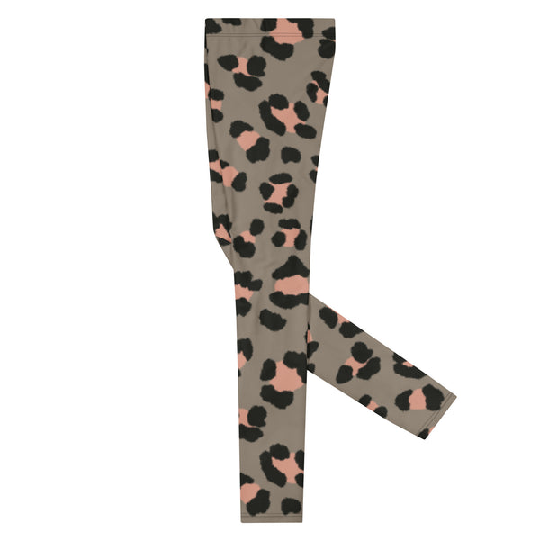 Wild Pink Leopard Men's Leggings, Grey and Pink Leopard Animal Print Best Designer Print Sexy Meggings Men's Workout Gym Tights Leggings, Men's Compression Tights Pants - Made in USA/ EU/ MX (US Size: XS-3XL) 