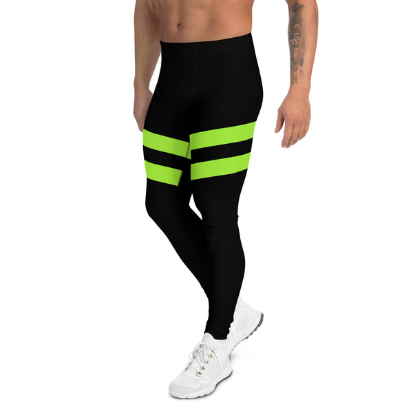 Neon Green Stripes Men's Leggings, Striped Colors Men's Leggings, Colorful Striped Green Black Gym Tights For Men - Made in USA/EU/MX