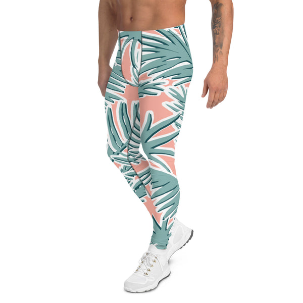 Light Pink Tropical Meggings, Pink Tropical Leaves Men's Leggings, Light Green Palm Leaf Men's Sports Running Tights - Made in USA/EU/MX