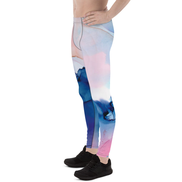 Abstract Blue Men's Leggings, Blue Pink Colorful Abstract Designer Print Sexy Meggings Men's Workout Gym Tights Leggings, Men's Compression Tights Pants - Made in USA/ EU/ MX (US Size: XS-3XL) 