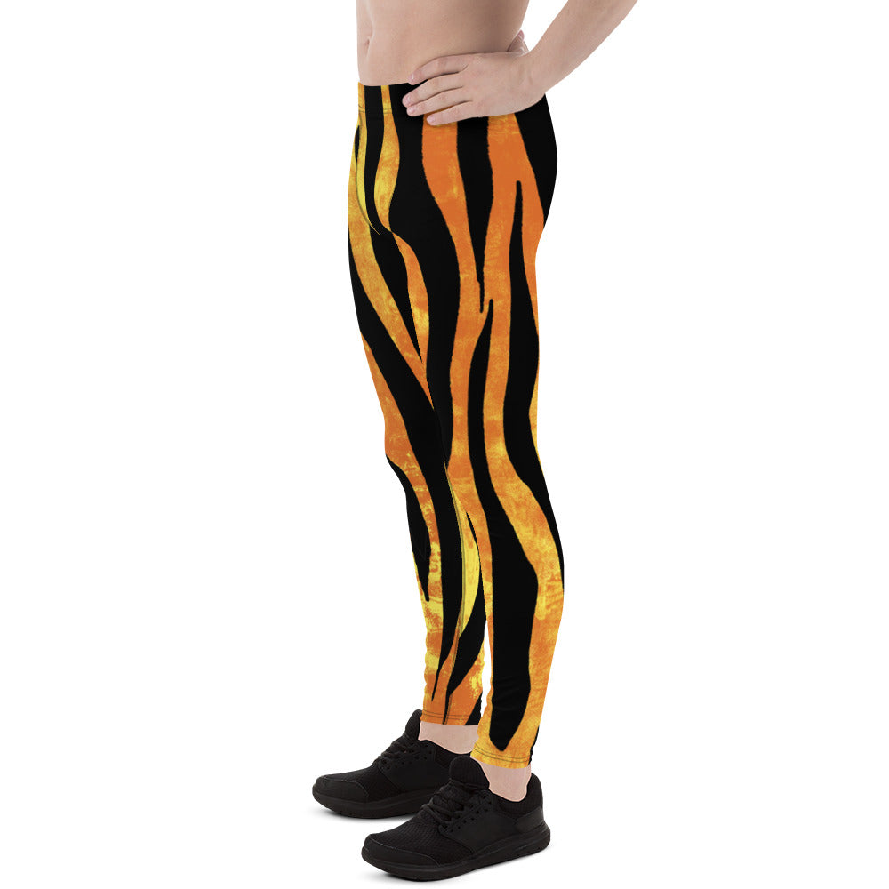 Orange Tiger Meggings, Stripe Animal Print Men's Running Leggings