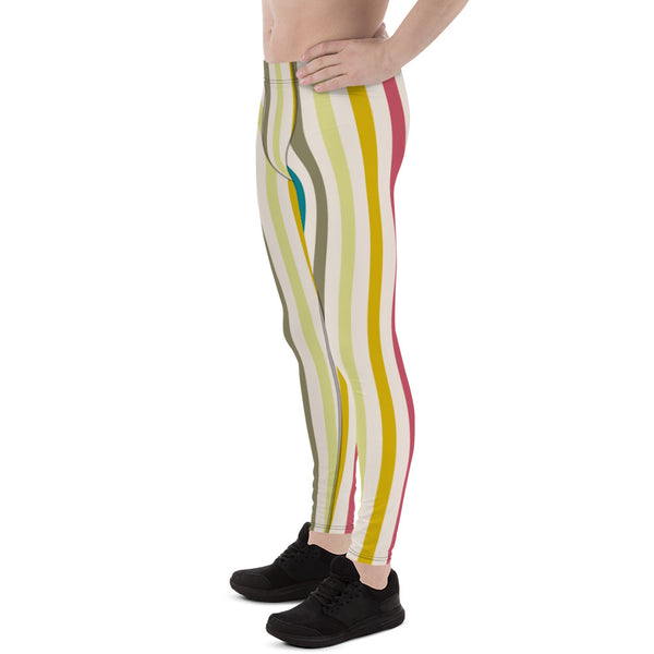 Beige Multicolored Striped Men's Leggings, Vertical Striped Designer Print Sexy Meggings Men's Workout Gym Tights Leggings, Men's Compression Tights Pants - Made in USA/ EU/ MX (US Size: XS-3XL)&nbsp;