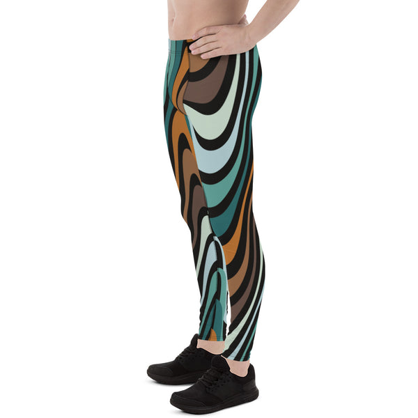 Retro Waves Men's Leggings, Colorful Multi-Colored Wavy Print Designer Men's Leggings Tights Pants - Made in USA/EU/MX (US Size: XS-3XL)&nbsp;Sexy Meggings Men's Workout Gym Tights Leggings