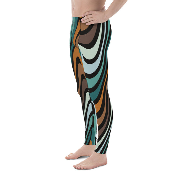 Retro Waves Men's Leggings, Colorful Multi-Colored Wavy Print Designer Men's Leggings Tights Pants - Made in USA/EU/MX (US Size: XS-3XL)&nbsp;Sexy Meggings Men's Workout Gym Tights Leggings