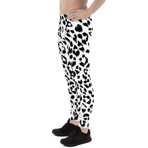 White Black Leopard Men's Leggings, Animal Leopard Print Designer Sexy Meggings Men's Workout Gym Tights Leggings, Men's Compression Tights Pants - Made in USA/ EU/ MX (US Size: XS-3XL) 