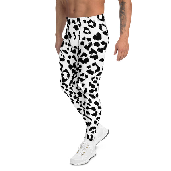 White Black Leopard Men's Leggings, Animal Leopard Print Best Designer Meggings Tights-Made in USA/EU/MX