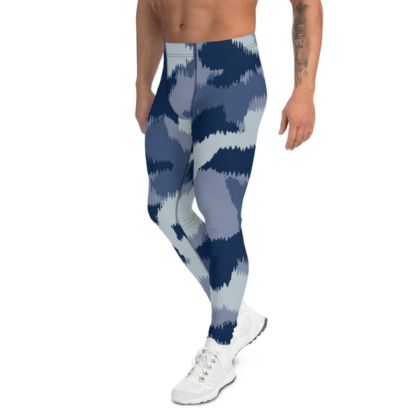Blue Abstract Printed Men's Leggings, Designer Compression Tights For Men - Made in USA/EU/MX