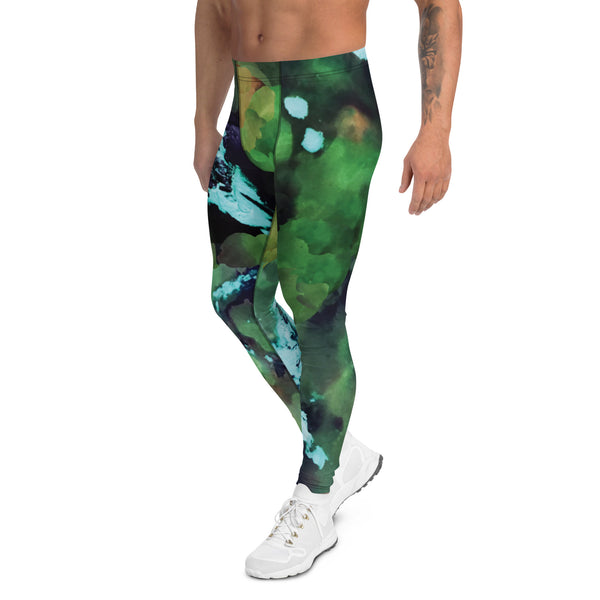 Green Abstract Print Men's Leggings, Green Abstract Printed Sexy Meggings - Made in USA/EU/MX