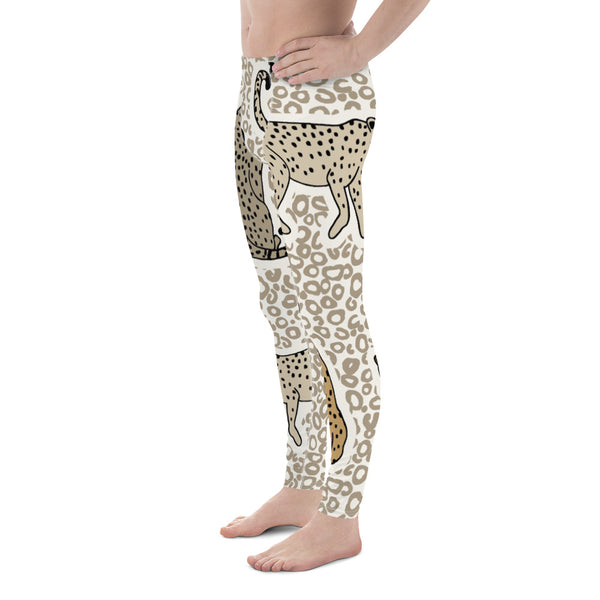 Beige Cheetah Print Men's Leggings, Animal Cheetah Print Designer Sexy Meggings Men's Workout Gym Tights Leggings, Men's Compression Tights Pants - Made in USA/ EU/ MX (US Size: XS-3XL) 