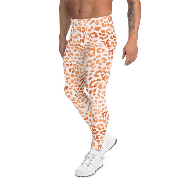 Orange Leopard Print Men's Leggings, Animal Leopard Print Best Designer Meggings Tights-Made in USA/EU/MX