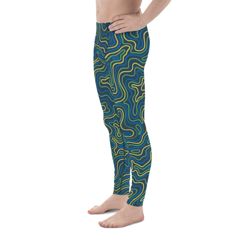 Green Abstract Printed Men's Leggings, Green Yellow Multicolored Swirled Abstract Designer Print Sexy Meggings Men's Workout Gym Tights Leggings, Men's Compression Tights Pants - Made in USA/ EU/ MX (US Size: XS-3XL) 
