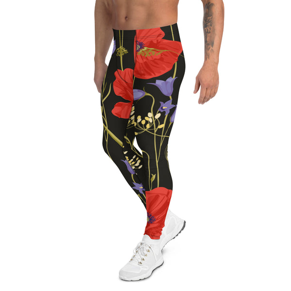 Red Poppy Floral Men's Leggings, Classic Flower Print Best Designer Compression Tights For Men-Made in USA/EU/MX
