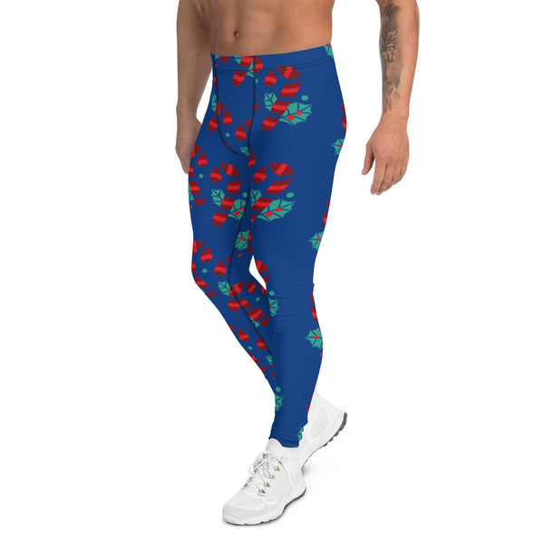 Blue Christmas Candy Men's Leggings, Blue and Red Colorful Christmas Candy Cane Style Gym Tights For Men - Made in USA/EU/MX