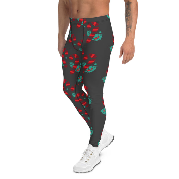 Grey Candy Cane Men's Leggings, Grey and Red Colorful Christmas Candy Cane Style Gym Tights For Men - Made in USA/EU/MX