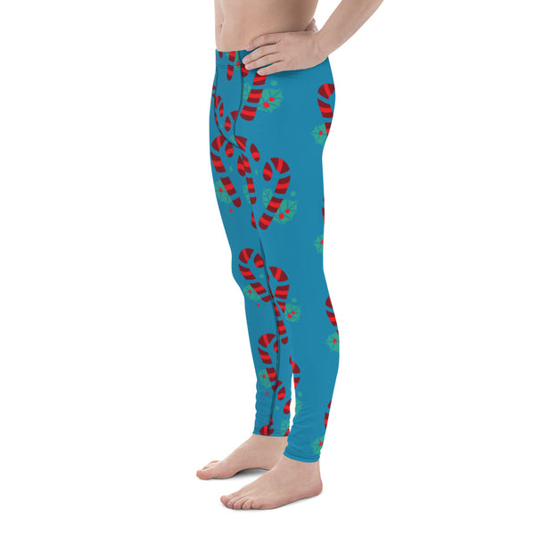 Blue Candy Cane Men's Leggings, Blue and Red Colorful Christmas Candy Cane Men's tights, Best Designer Christmas Candy Cane Print Sexy Meggings Men's Workout Gym Tights Leggings, Men's Compression Tights Pants - Made in USA/ EU/ MX (US Size: XS-3XL) 