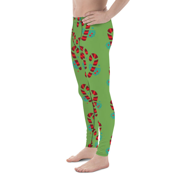 Blue Candy Cane Men's Leggings, Blue and Red Colorful Christmas Candy Cane Men's tights, Best Designer Christmas Candy Cane Print Sexy Meggings Men's Workout Gym Tights Leggings, Men's Compression Tights Pants - Made in USA/ EU/ MX (US Size: XS-3XL) 