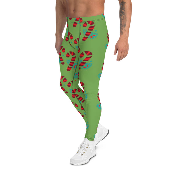 Green Candy Cane Men's Leggings, Black and Red Colorful Christmas Candy Cane Style Gym Tights For Men - Made in USA/EU/MX