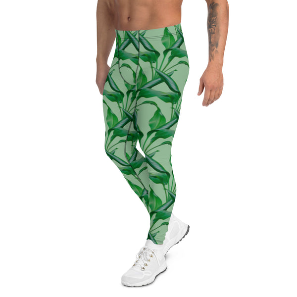 Green Tropical Leaves Men's Leggings, Best Men's Leggings, Tropical Leaves Print Designer Running Compression Tights For Men - Made in USA/EU/MX