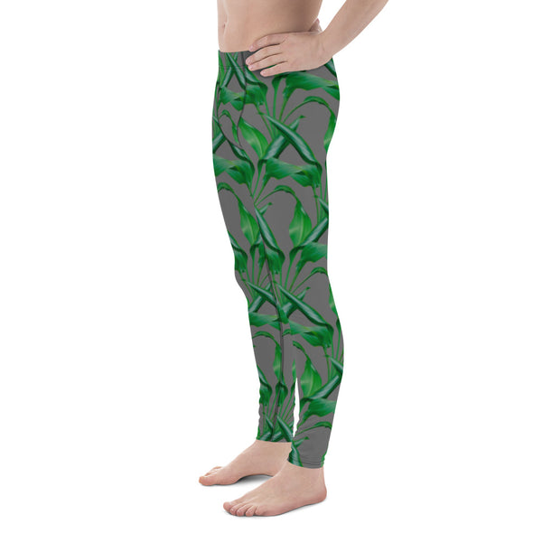 Green Grey Tropical Men's Leggings, Tropical Leaves Print Designer Print Sexy Meggings Men's Workout Gym Tights Leggings, Men's Compression Tights Pants - Made in USA/ EU/ MX (US Size: XS-3XL) 