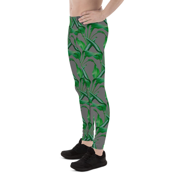 Green Grey Tropical Men's Leggings, Tropical Leaves Print Designer Print Sexy Meggings Men's Workout Gym Tights Leggings, Men's Compression Tights Pants - Made in USA/ EU/ MX (US Size: XS-3XL) 