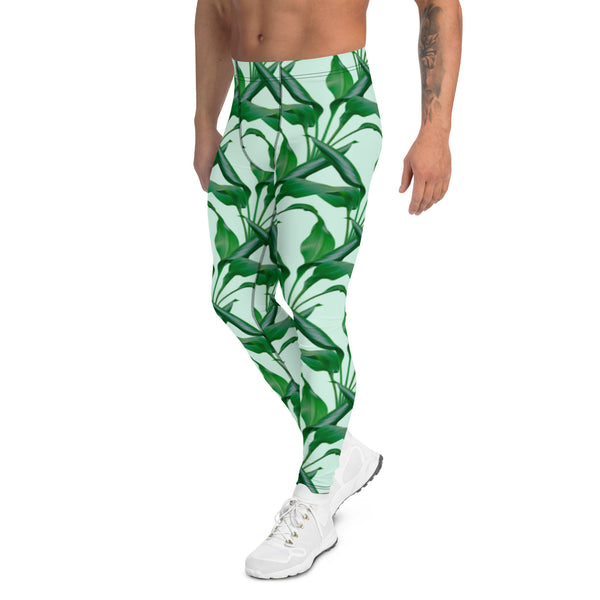 Pastel Green Tropical Men's Leggings, Tropical Leaves Print Designer Print Sexy Meggings Men's Workout Gym Tights Leggings, Men's Compression Tights Pants - Made in USA/ EU/ MX (US Size: XS-3XL) 