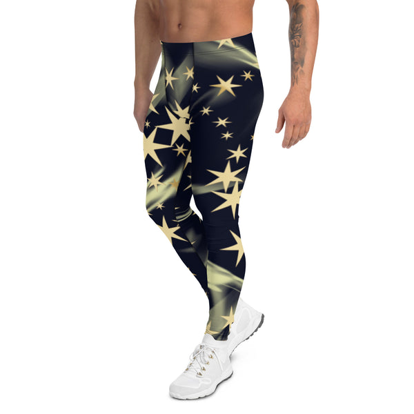 Black Starry Print Men's Leggings, Lucky Star Print Abstract Designer Print Sexy Meggings Men's Workout Gym Tights Leggings, Men's Compression Tights Pants - Made in USA/ EU/ MX (US Size: XS-3XL) 