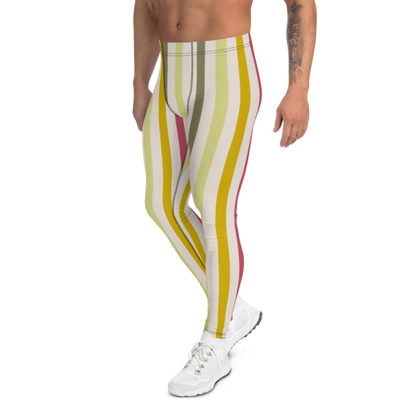 Colorful Green Stripes Men's Leggings, Vertically Striped Designer Print Sexy Meggings Men's Workout Gym Tights Leggings, Men's Compression Tights Pants - Made in USA/ EU/ MX (US Size: XS-3XL) 