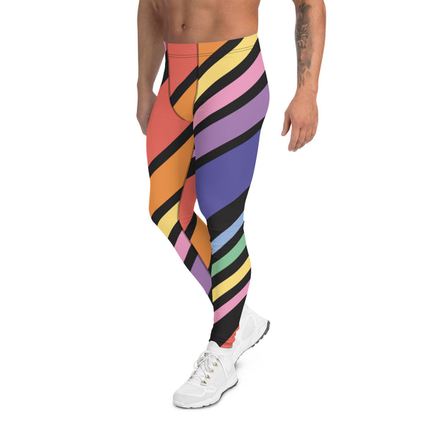 Black Rainbow Stripes Meggings, Colorful Patterned Designer Best Men's Leggings, Designer Print Sexy Meggings Men's Workout Gym Tights Leggings, Men's Compression Tights Pants - Made in USA/ EU/ MX (US Size: XS-3XL) 