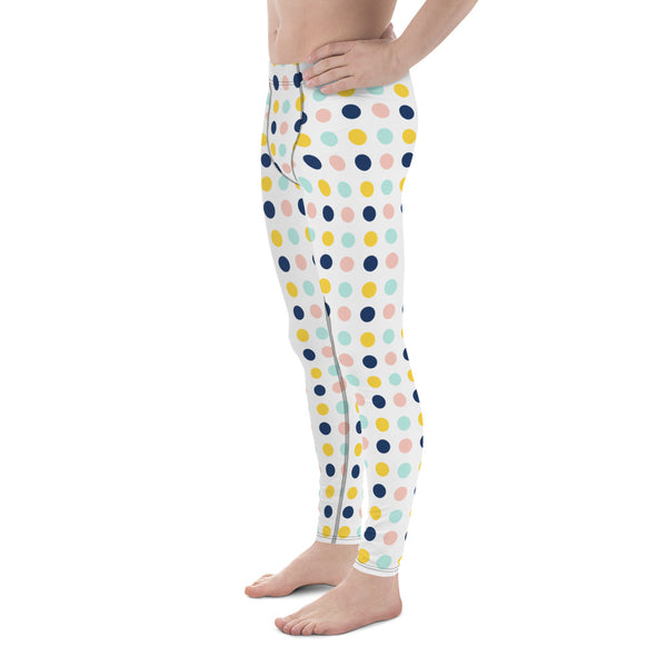 Blue Yellow Dotted Men's Leggings, Dots Pattern Abstract Designer Print Sexy Meggings Men's Workout Gym Tights Leggings, Men's Compression Tights Pants - Made in USA/ EU/ MX (US Size: XS-3XL)&nbsp;